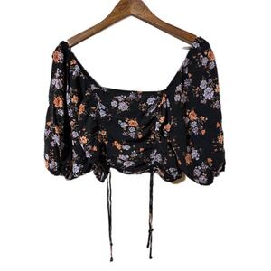 Live To Be Spoiled Floral Puff Sleeve Ruched Crop Top Black Orange Large